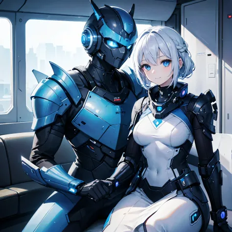 8k, top quality, (Genuine:1.4), original photo of , in the seat, Asari Hair, smile,female style, cute,Biological Amplifiers, Refined Armor, Refined futuristic wartime helmet, posture: Peace Talks between Combating Factions , Smart Blue Eyes ,Kneel