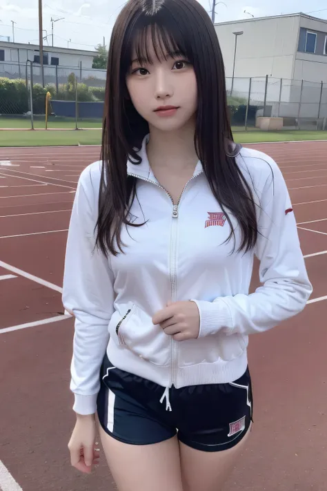 high quality, HD, solo, age 18, cute, beautiful woman, black long hair, cute, large breasts, beautiful breasts, beautiful legs, high school student, school track suit, half shorts, 