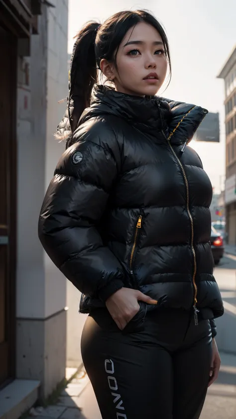 Stunning wallpaper of an sweet, hot, curvy body, ponytail, Asian woman. Photoshoot , it is a hot summer day. she wear an shiny, completely enclosureable, (( oversized dark black puffer down jacket and pants, by parkasite:1.3), ((very high yoked)). tempting...