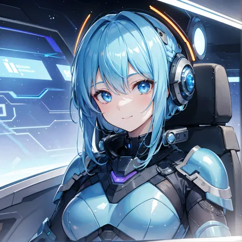 8k, top quality, (Genuine:1.4), original photo of , in the seat, Asari Hair, smile,female style, cute,Biological Amplifiers, Refined Armor, Refined futuristic wartime helmet, posture: Peace Talks between Combating Factions , Smart Blue Eyes ,Kneel