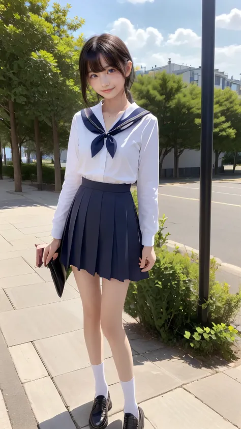 a girl, short, slim, (very leggy:1.3),　145cm, 12years old,、(from below:3.3)、(looking down, watching at Viewer:1.3)、( 1girl , school uniform, wind lift　skirts, panties:1.3)、
 long sleeve navy blue sailor suit、The sailor collar is dark blue with white stripe...