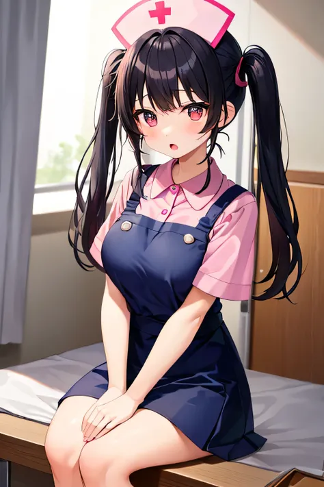  Masterpiece、 Max Image Quality、 super high resolution、A Very petite, very short stature, very young kindergarten girl with big breasts、twin tail hairstyle、black hair、Red face、shyly、open your mouth just a little、short-sleeved pink pink nurse uniform for ve...