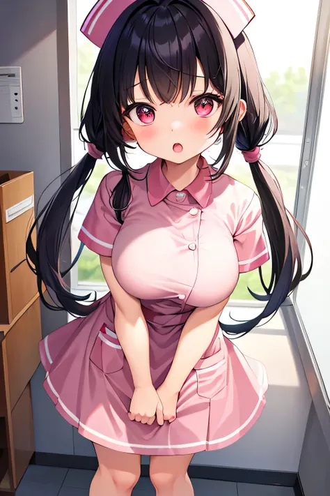  Masterpiece、 Max Image Quality、 super high resolution、A Very petite, very short stature, very young kindergarten girl with big breasts、twin tail hairstyle、black hair、Red face、shyly、open your mouth just a little、short-sleeved pink pink nurse uniform for ve...