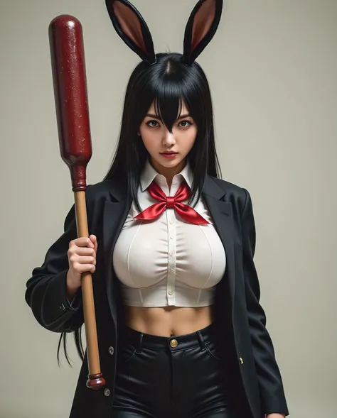 A fierce young woman with an intense, piercing gaze, exuding an aura of cold determination. Her sleek black hair is styled with sharp, split bangs that frame her face, emphasizing her serious and unwavering expression. A pair of tall, glossy black bunny ea...