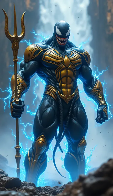 Venom fusion with Aquaman, realistic, 8k, high quality, hyper realistic, Aquaman Golden outfit, Blue rage in Outfit, blue lightening, blurred background, lava waterfall in the background, he grips a golden trident, blue vines line on feet and body, muscula...