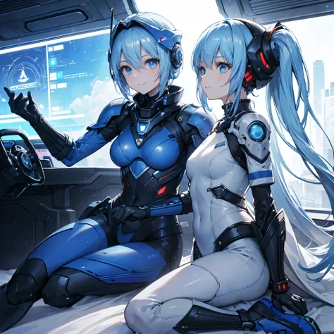 8k, top quality, (Genuine:1.4), original photo of , in the seat, Asari Hair, smile,female style, cute,Biological Amplifiers, Refined Armor, Refined futuristic wartime helmet, posture: Peace Talks between Combating Factions , Smart Blue Eyes ,Kneel