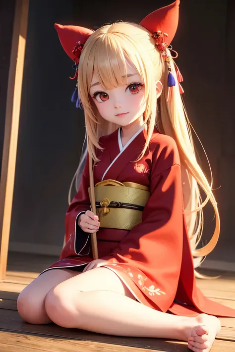   Cute Japanese doll close-up  ,  Bright red and black robes ,   .   Carefully Designed  ,   anime-style 3D design showing every line of her red kimono ,   Even in 8K HD   , Render in 3D,    shows the most detailed Japanese art form in CGStation  ,   using...