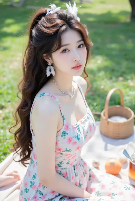 (Detailed body, detailed face, best quality: 1.2), close-up, a beautiful Korean female model, looking at the viewer, long curly hair tied into a high ponytail, chestnut flowing hair, strong light and shadow effects, bird feather earrings, delicate makeup, ...