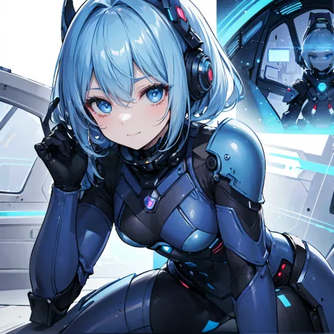 8k, top quality, (Genuine:1.4), original photo of , in the seat, Asari Hair, smile,female style, cute,Biological Amplifiers, Refined Armor, Refined futuristic wartime helmet, posture: Peace Talks between Combating Factions , Smart Blue Eyes ,Kneel