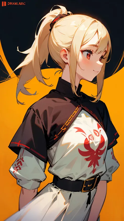  one girl、Blonde Hair、 ponytail、stupid hair、Round red eyes、 droopy eyes 、smile、profile、 small tits、 upper body close-up、western dress with colorful embroidery