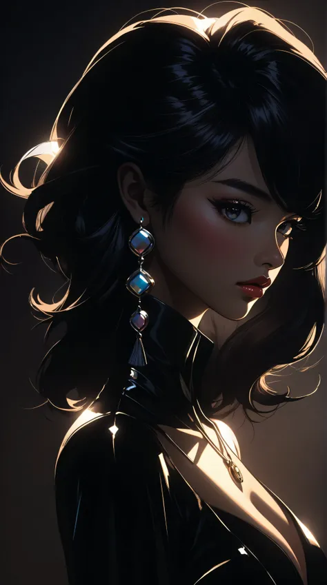 style retro classic, master piece:1.5、(minimal art, line drawing), 80’s glam rock makeup on shiny face, asian girl, anime, moody lighting, pretty, sexy, minimal, sleek, slender, asian, elegant, futuristic, retro, Kizi，(eyes looking off to side), Highly det...