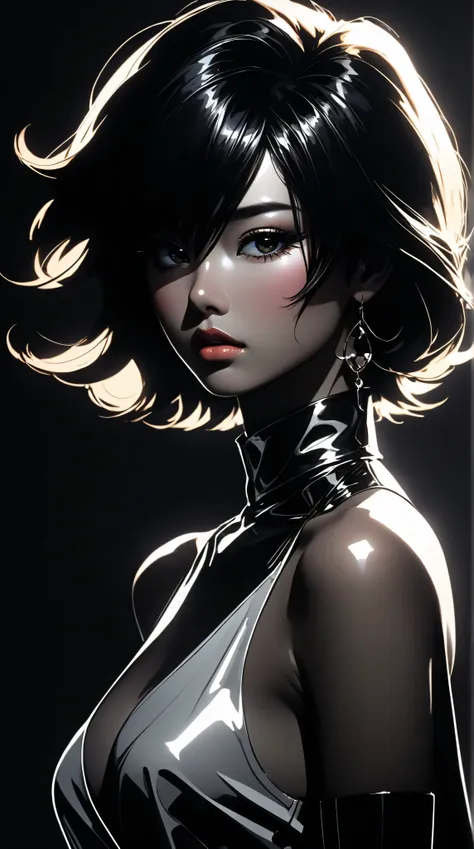 style retro classic, master piece:1.5、(minimal art, line drawing), 80’s glam rock makeup on shiny face, asian girl, anime, moody lighting, pretty, sexy, minimal, sleek, slender, asian, elegant, futuristic, retro, Kizi，(eyes looking off to side), Highly det...