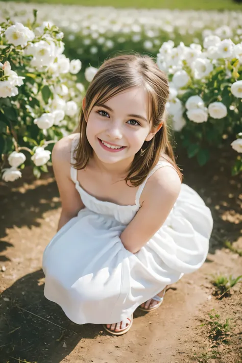 Masterpiece, Best quality, 8k, 18 ans, Photo brute, absurdes, Award-winning portrait, sourire, sourire, pure, french, white dress, spring, petite, orchard in bloom, kneeling, photo made from above, happy smile