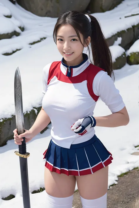 ((highest quality)), (be familiar with), perfect face, Japanese, 35yo, smile, Full body Esbian:1.5, big breasts:1.5, Woman warrior:1.5, cheerleading uniform armor:1.5, adventurer, Knee-High Socks, huge sword, huge sword, huge sword, Huge Gun, Sony FE GM, f...