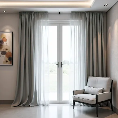  The image shows a modern and elegant living room , with a set of long flowing curtains in a light gray tone,  made of translucent fabric ,  that cover the entire length of the wall and soften the entry of natural light .  The curtain rail is embedded in t...