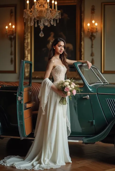 Photoshot. Beautiful woman wearing a very beautiful dress and wearing a long cloth on her shoulders. Carrying flowers while posing in a classic antique car in a very nice and luxurious studio space, there is a signboard called Ridwangrapher