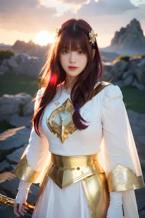 ((masterpiece, best quality, extremely detailed), volumetric lighting, ambient occlusion, colorful, glowing), 1girl, solo, young girl, (maroon hair with bangs), long hair, halo, aura, sacred, goddess, cleric suit, (white outfit with gold detailst:1.3), arm...