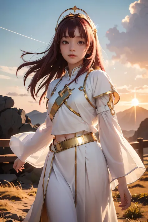 ((masterpiece, best quality, extremely detailed), volumetric lighting, ambient occlusion, colorful, glowing), 1girl, solo, young girl, (maroon hair with bangs), long hair, halo, aura, sacred, goddess, cleric suit, (white outfit with gold detailst:1.3), arm...