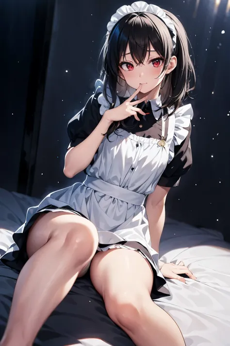 ( masterpiece),  top quality,   Hi-Res,  Details,    Details,   perfect lighting,   Abandoned sparkling, bedroom at night,  one girl,  small,    viewers  ,  small,   black and white Maid Uniform , shy, Hosoda Momo   , sheer, wet, miniskirt, detailed beauti...