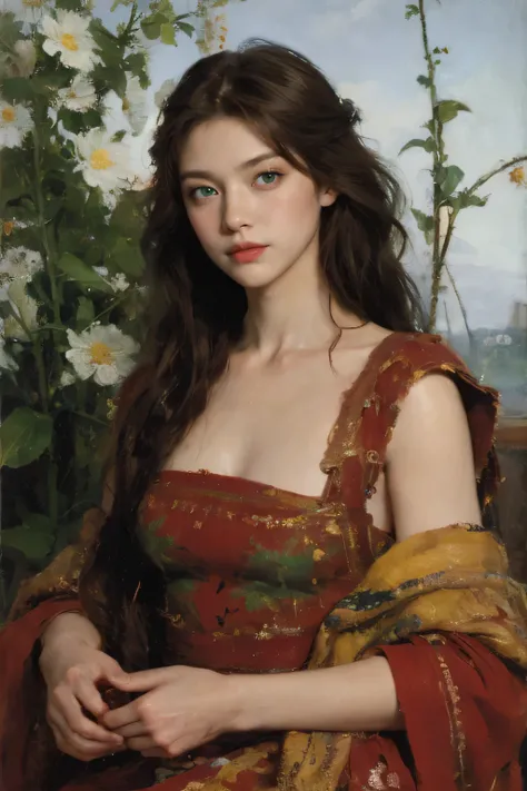 (oil painting:1.5),
\\
a woman with (red long curtly hair ), ((green eyes)) ain a field of  flowers, (amy sol:0.248), nude , with red dress,  (stanley artgerm lau:0.106), (a detailed painting:0.353), (gothic art:0.106)