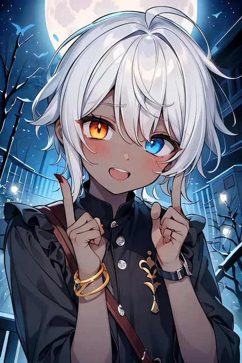 ((boy :1.3)),((handsome:1.2)),(( male:1.3)),(short hair:1.0),(Karl hair:1.1),(silver hair:1.15),(ahoge:1.2),((dark  skin body:1.2)), heterochromia ,((looking up:1.0)),(( place your nails on your face with both hands:1.15),((light step:1.1)),((nihilistic sm...