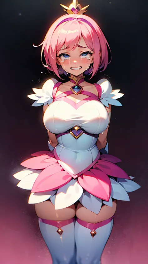 ((30 years old)),arms behind,(streaming tears:1.3),grin,short hair,black bob cut,blue eyes,rolling eyes,straight bang,((pink magical girl costume)),big breasts,(slender waist)