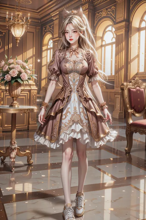 Superb detail, 8k photos, hyper-realism, professional light, realistic background, visual depth, background bokeh, wide angle lens, full body, (, cute, loli, flat chest, cat ears), 1girl, colored eyes, blonde hair, (Lolita fashion: 1.5), (lace, frilled shi...