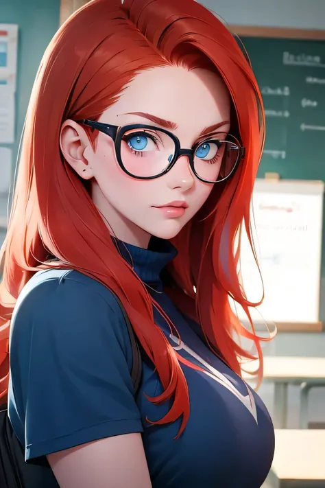 Photo .  Scary ugly girl She is  . at school .  red hair .  Blue eyes . 3 long nose  .  Simple glasses with thick glasses   .  There are a lot of pimples on her face  . 