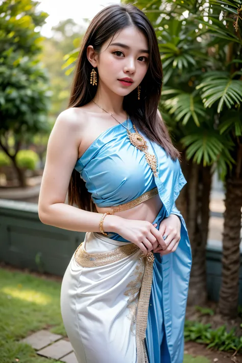 8K, ultra high detailed, an thai girl, cute face, happy, long hair, impressive hairstyle, detailed eyes, detailed lips, thai clothes, saree, drak blue saree, lace, wearing jewellery, nature background, flowers, afternoon, shadow, clear weather, whole body ...