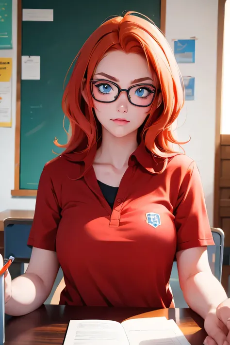 Photo .  Scary ugly girl She is  . at school .  red hair .  Blue eyes . 3 long nose  .  Simple glasses with thick glasses   .  There are a lot of pimples on her face  . 