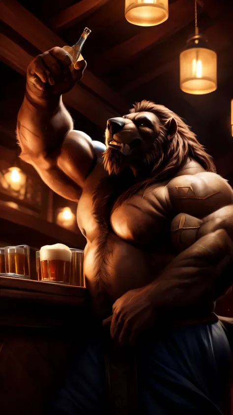 (( best quality)), ((Masterpieces)), ( detailed ), وجه  detailed  تمامًا,  perfect eyes , ((Anthro (Turin ), male, (Turin ), Alone), brown hair,  brown mane ,  Right century ), (( Orgrimar ), (Taverna),  low angle ,  Bend over the bar , Beer , Alcohol), ( ...