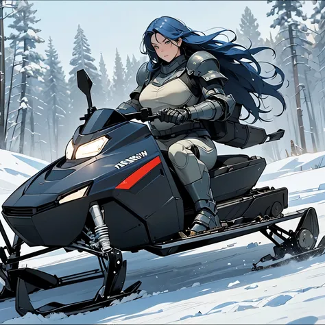 nsfw, very long shot, (sketch, traditional media:1.2), perfect anatomy proportion body, perfect anatomy hands,  action,  dynamic composition with a sense of speed and dynamism, (Ride a heavy armored military snowmobile:1.6),  a woman with sex appeal, 40 ye...