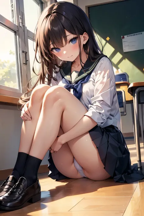 (nsfw:0.7),  beautiful girl,  pleated skirt,  I can see the inside of the skirt,  panties that you can wear, sitting on the floor in a school classroom, 赤い頬, Seduce men,  low angle