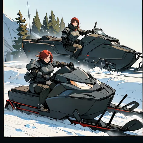 nsfw, very long shot, (sketch, traditional media:1.2), perfect anatomy proportion body, perfect anatomy hands,  action,  dynamic composition with a sense of speed and dynamism, (Ride a heavy armored military snowmobile:1.6),  a woman with sex appeal, 40 ye...