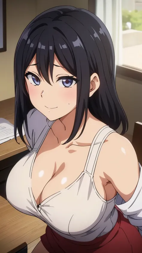 (((masterpiece))),fuyumi itadori, Anime girl characters, 1girl, solo, looking at viewer, medium hair, cleavage, closed mouth, collarbone,Naked, tall girl, horny, big ass, beautiful face,Charming,  anime visual of a cute girl, screenshot from the anime film...