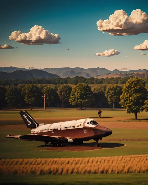 space shuttle in field rusted, landscape village, people standing, photorealistic, Simon stalenhag style