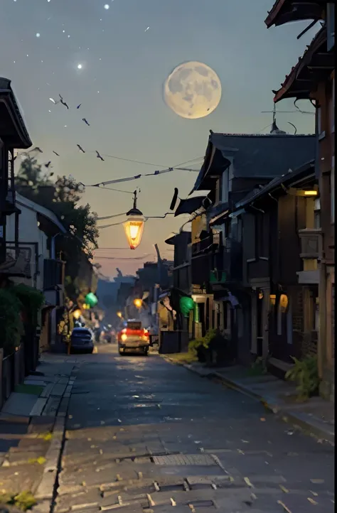 a painting of a street with lanterns and a full moon, digital art by John Moonan, cg society contest winner, fantasy art, street moon landscape, city street on the moon, on a street at night, night scenery, street at night, the glow of the moonlight, night...