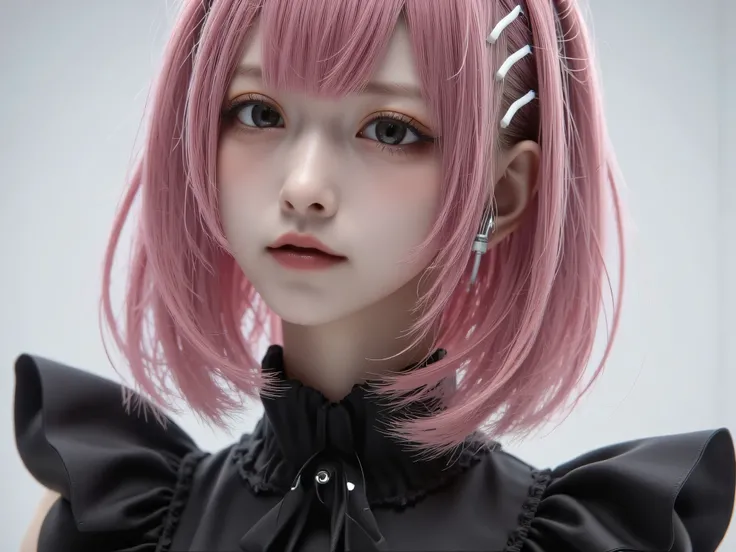 ladyboy, 18 years old,  Pink Hair,  beautiful appearance, Classic bob with bangs, Keep your hair long, Japanese people, White skin,  flat chest , Conference table ,  slightly curved in front ,  worried face color , Attach a white hairpin to the right side ...