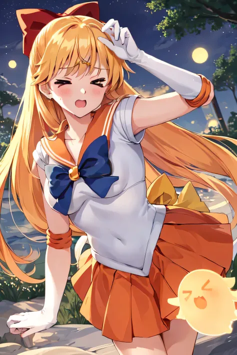  Masterpiece,  top quality,  Ultra Detailed, 8K, Anime, full front,  (Sailor Venus), 1girls, breath, running away from cute ghost to viewer's direction:1.3, many cute ghost:1.4,  orange sailor, no sleeve, white long globe, orange pleated skirts, blonde lon...