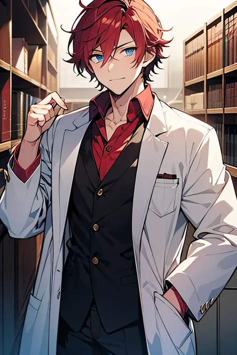 a cartoon image of a man with red hair and a white jacket, handsome anime pose, tall anime guy with blue eyes, single character, kentaro miura style, kentaro miura art style, official character art, male anime character, with a lab coat, visual novel sprit...