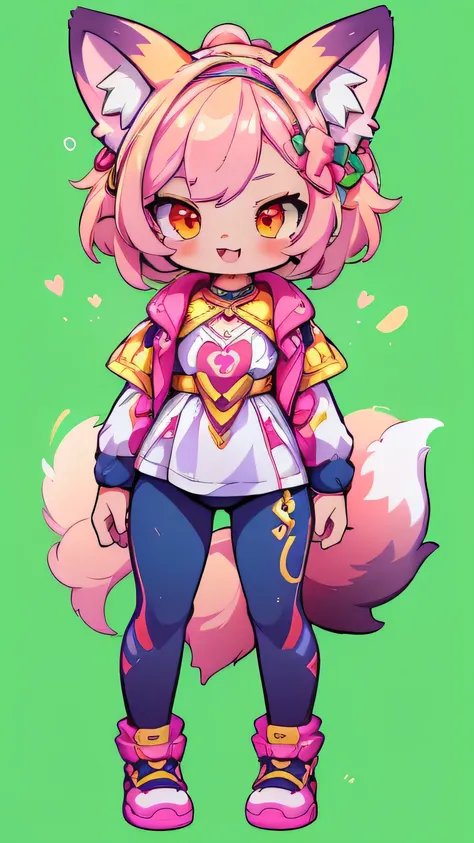 Create a unique sticker, Female hairy rainbow fox , Fox Ears , a fox tail , wide hips , White Skin Body , full body, standing, chibi. (cyberpunk style), ( High Quality , thong, 8k, high resolution), ((estilo chibi, chibi cute)), ( alone, A girl ), { fox gi...