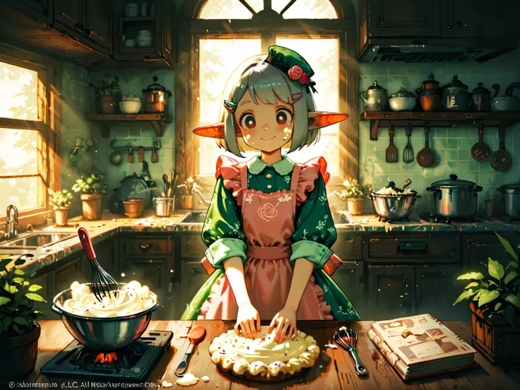 score_9, score_8_up, score_7_up, UHD, Masterpiece, amazing quality, very aesthetic, absurdres, ultra-detailed, 1girl\solo\(elf, pointed ear:1.3, silver bob cut, mini hat\pink rose\lace, Intricate:1.3\Green leaf dress\frill, lace), (magic\wind & light magi...