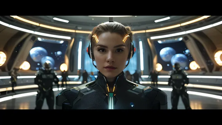 a woman in a futuristic suit standing in front of a crowd, ultra detailed cinematic, in a scifi movie, beautiful female android!, sci-fi android female, attractive sci - fi face, sci-fi female, highly detailed cinematic, sci fi female character, futuristic...