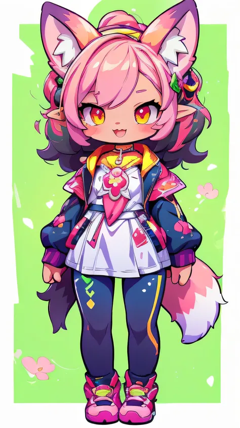 Create a unique sticker, Female hairy rainbow fox , Fox Ears , a fox tail , wide hips , White Skin Body , full body, standing, chibi. (cyberpunk style), ( High Quality , thong, 8k, high resolution), ((estilo chibi, chibi cute)), ( alone, A girl ), { fox gi...