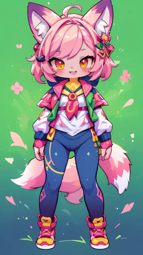 Create a unique sticker, Female hairy rainbow fox , Fox Ears , a fox tail , wide hips , White Skin Body , full body, standing, chibi. (cyberpunk style), ( High Quality , thong, 8k, high resolution), ((estilo chibi, chibi cute)), ( alone, A girl ), { fox gi...