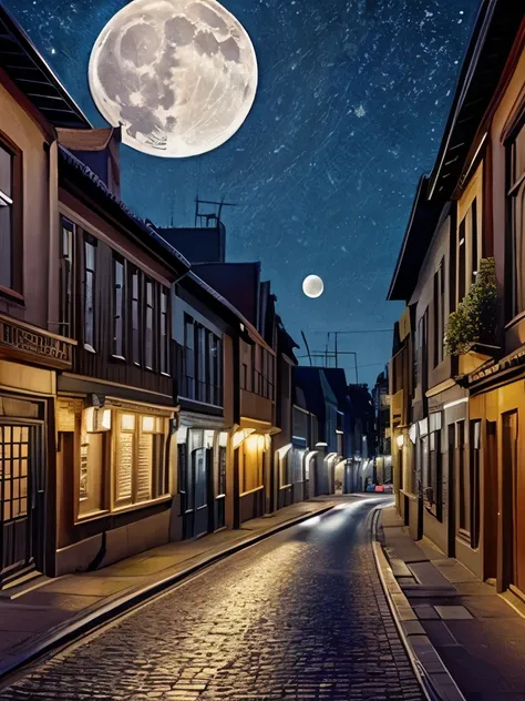 a painting of a street with lanterns and a full moon, street moon landscape, city street on the moon, on a street at night, night scenery, by John Moonan, street at night, the glow of the moonlight, nightime village background, night street, at night with ...