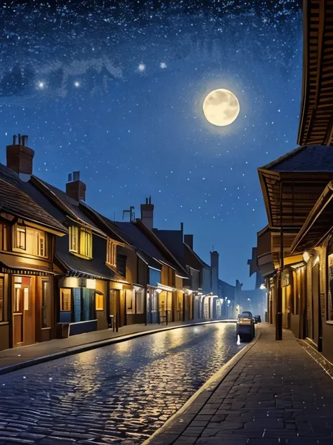 a painting of a street with lanterns and a full moon, street moon landscape, city street on the moon, on a street at night, night scenery, by John Moonan, street at night, the glow of the moonlight, nightime village background, night street, at night with ...