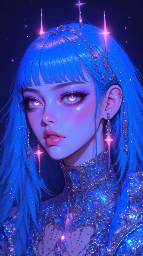 8k, masterpiece, highest quality, Korea's Beautiful Women, Ethereal, vibrant neon colors, blue hair, glowing eyes, sparkling makeup, colorful jewelry, luminous skin, dreamy atmosphere, digital painting, anime influence, magical realism, iridescent details,...