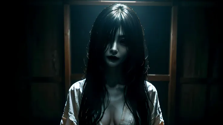 solo,  high resolution,  Masterpiece, accurate,  top quality,  super high heels,  textured skin, woman、4K、((The background is standing in a dark Japanese-style room at midnight)),  big breasts、ghost、 white kimono、(((Long black hair to hide eyes))), Pale lo...