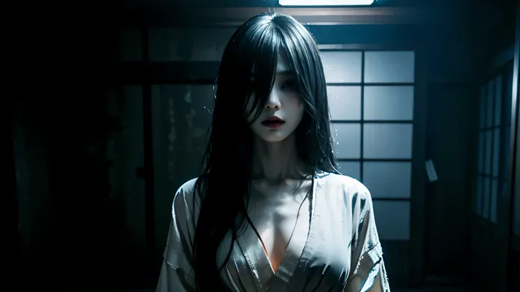 solo,  high resolution,  Masterpiece, accurate,  top quality,  super high heels,  textured skin, woman、4K、((The background is standing in a dark Japanese-style room at midnight)),  big breasts、ghost、 white kimono、(((Long black hair to hide eyes))), Pale lo...